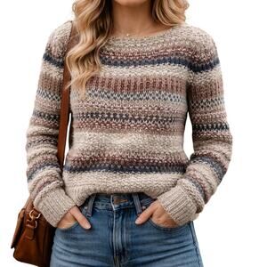 Vintage 80s Lauren Hansen Women's Medium Hand Knit Sweater Striped Cozy Acrylic